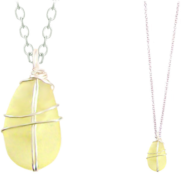 Artisan SILVER wire-wrapped Sea Glass LEMON yellow pendant | 18