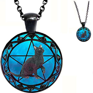 Black glass dome Cat Pentagram round animal pendant & lobster clasp chain