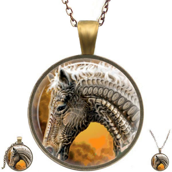 Bronze glass dome Horse Head artistic round animal pendant & lobster clasp chain