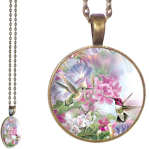 Bronze glass dome Hummingbirds Flower pink green round pendant & lobster clasp chain