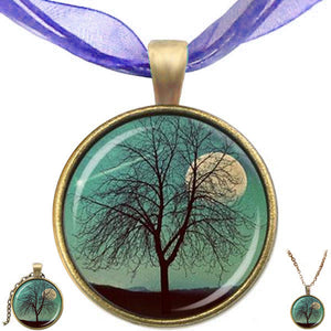 Bronze glass dome Tree of Life Moon blue round pendant & lobster clasp chain