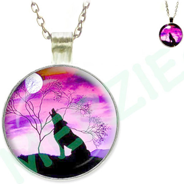 Silver glass dome Wolf Howling black pink round animal pendant & lobster clasp chain