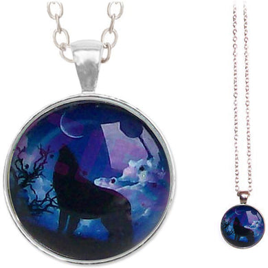 Silver glass dome Wolf Howling standing black wild blue animals round pendant & lobster clasp chain