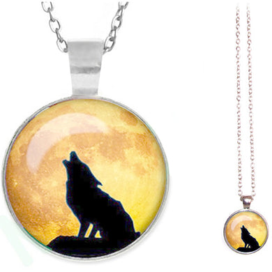 Silver glass dome Wolf Howling sitting yellow round animal pendant & lobster clasp chain