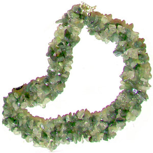 Artisan stone chips Necklace Green Rutilated Quartz weaved silver metal toggle clasp