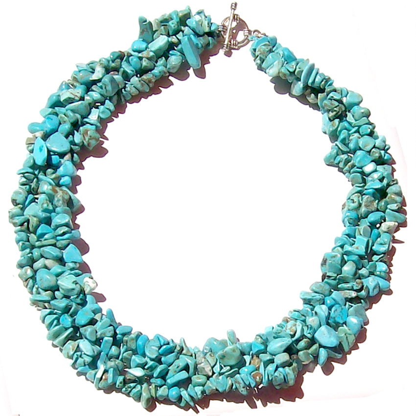Artisan stone chips Necklace Turquoise Blue stabilized weaved silver metal toggle clasp