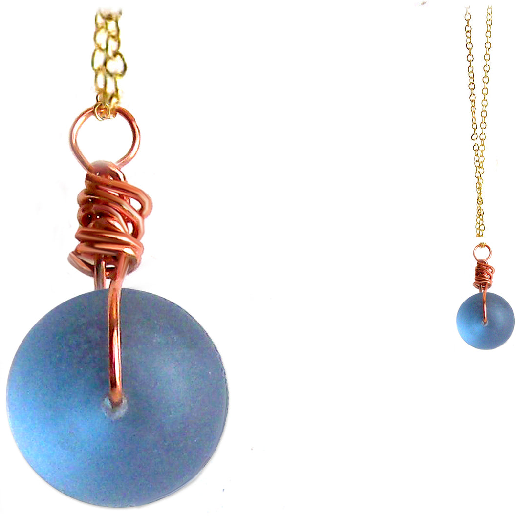 Artisan COPPER wire-wrapped Sea Glass focal bead pendant | BLUE ~14x10mm seaglass bead dangle | 18