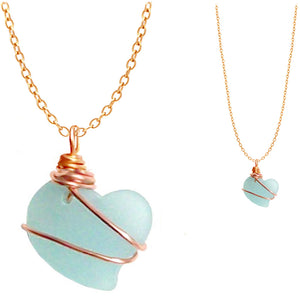 Artisan cultured SEA GLASS HEART necklace Copper non-tarnish 18mm wire-wrapped pendant & plated chain | U PICK