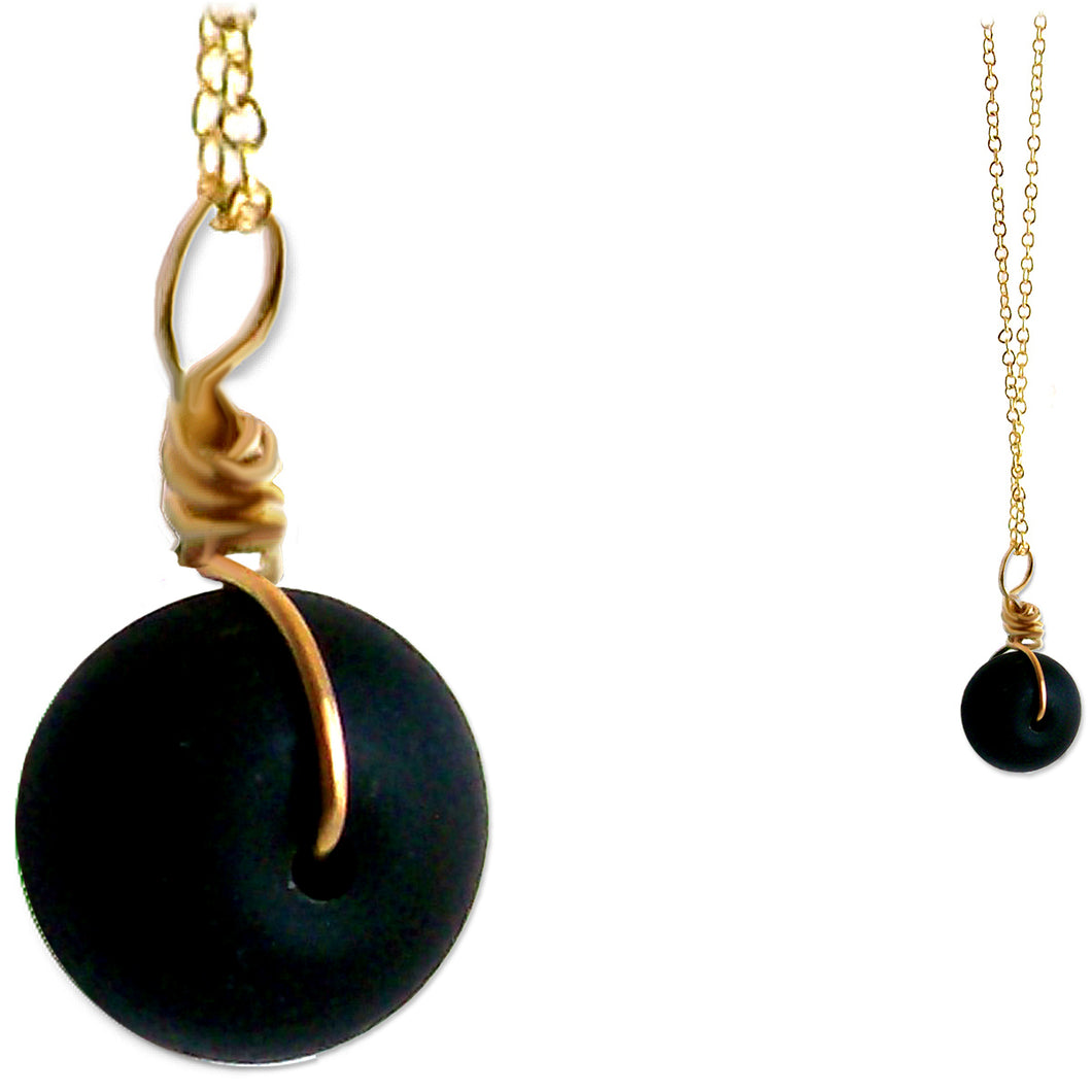 Artisan GOLD wire-wrapped Sea Glass focal bead pendant | BLACK ~14x10mm seaglass bead dangle | 18