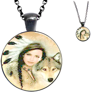 Black glass dome American Indian Squaw & Wolf round animal pendant & lobster clasp chain