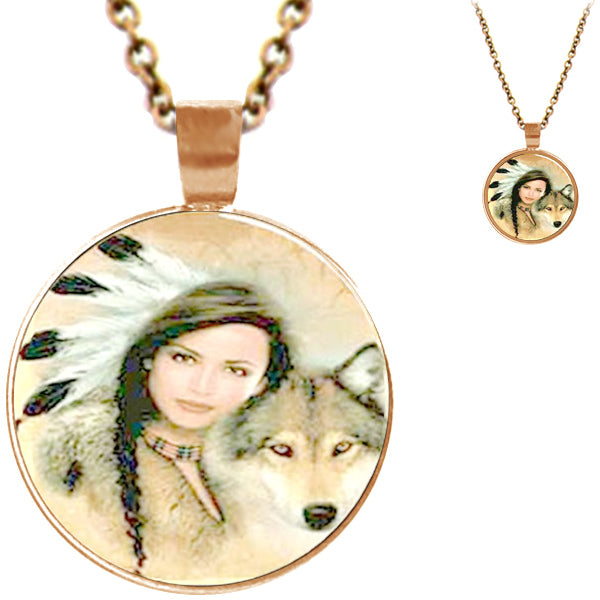 Copper glass dome American Indian Squaw & Wolf round animal pendant & lobster clasp chain