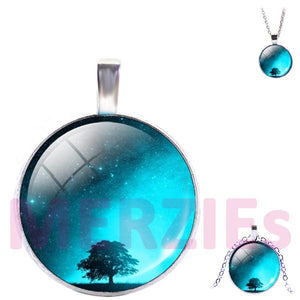 Silver glass dome Tree of Life stars sky evening blue white pendant & lobster clasp chain