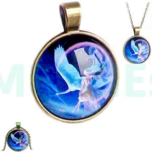 Bronze glass dome Swan flying Girl round animal bird Women pendant & lobster clasp chain