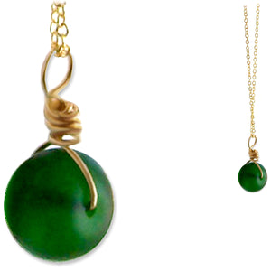 Artisan GOLD wire-wrapped Sea Glass focal bead pendant | Dark GREEN ~14x10mm seaglass bead dangle | 18" chain necklace