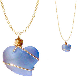 Artisan cultured SEA GLASS HEART necklace Copper non-tarnish 18mm wire-wrapped pendant & plated chain | U PICK
