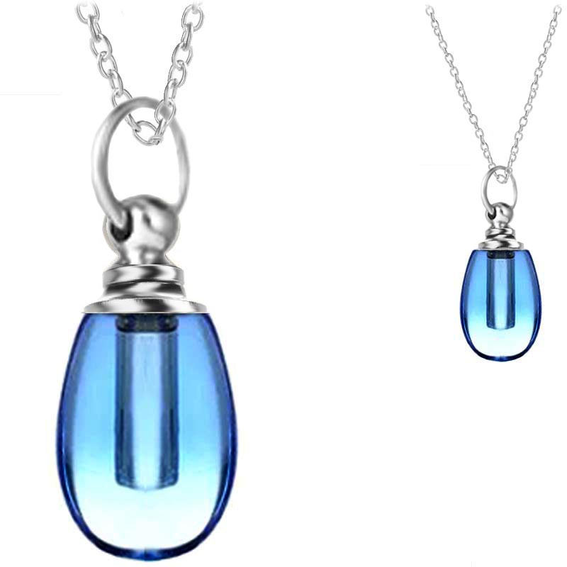 Crystal glass KEEPSAKE short rounded drop pendant Necklace miniature bottle memories glitter grief oil herbs ashes - U PICK