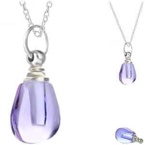 Crystal glass KEEPSAKE short rounded drop flat side pendant Necklace miniature bottle memories glitter grief oil herbs ashes - U PICK