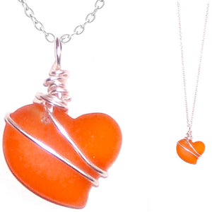 Artisan art cultured SEA GLASS HEART necklace silver non-tarnish 18mm wire-wrapped pendant & silver-plated chain | U PICK