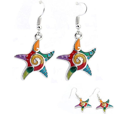 Silver-plated earrings Starfish bright multi-colors sea beach ocean star fish dangles - 1 pair