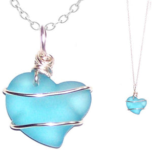 Artisan cultured SEA GLASS HEART necklace Sterling Silver 18mm wire-wrapped pendant & .925 chain | U PICK