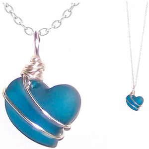 Artisan cultured SEA GLASS HEART necklace Sterling Silver 18mm wire-wrapped pendant & .925 chain | U PICK