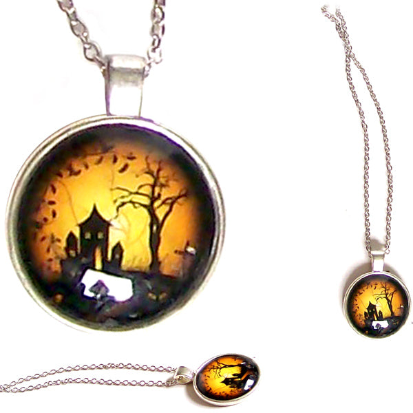 Silver Glass Dome HALLOWEEN spooky Haunted House pendant chain