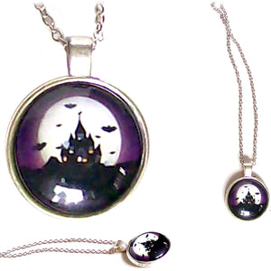 Silver Glass Dome HALLOWEEN spooky Haunted House black Bats pendant chain