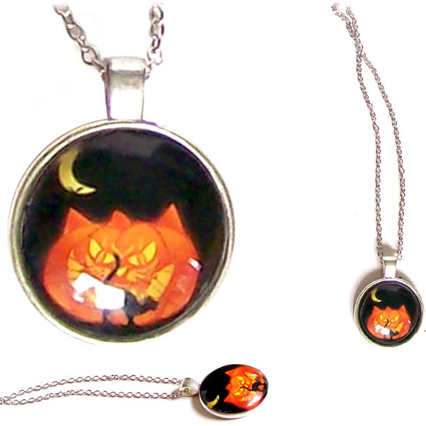 Silver Glass Dome HALLOWEEN spooky orange Pumpkin black CAT pendant chain