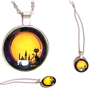 Silver Glass Dome HALLOWEEN Haunted House black Cat pendant chain