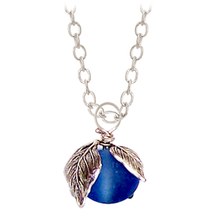 01 Artisan silver necklace Sea Glass wire-wrapped cultured Sapphire 12mm bead leaf cap 20mm pendant chain