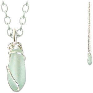 Artisan SILVER wire-wrapped Sea Glass pendant SEAFOAM light | 18" chain necklace