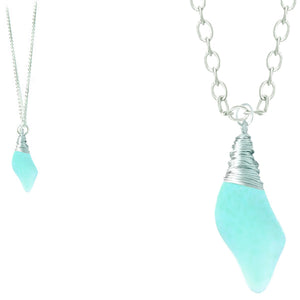 Artisan silver necklace cultured SEA GLASS non-tarnish hand wire-wrapped pendant chain | SAPPHIRE blue