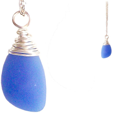 Artisan silver necklace cultured SEA GLASS sterling hand wire-wrapped pendant chain - Seafoam Blue