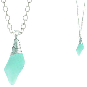 Artisan silver necklace cultured SEA GLASS non-tarnish hand wire-wrapped pendant chain | BLUE GREEN