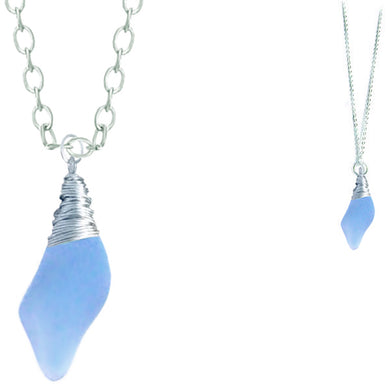 Artisan silver necklace cultured SEA GLASS non-tarnish hand wire-wrapped pendant chain | BLUE light