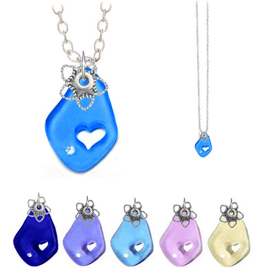 Artisan silver necklace cultured SEA GLASS 32x20mm freeform carved out heart pendant chain U PICK 1 or all 6