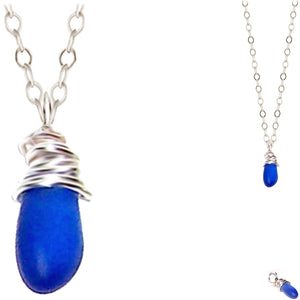 Artisan SILVER wire-wrapped Sea Glass pendant BLUE | 18" chain necklace #2