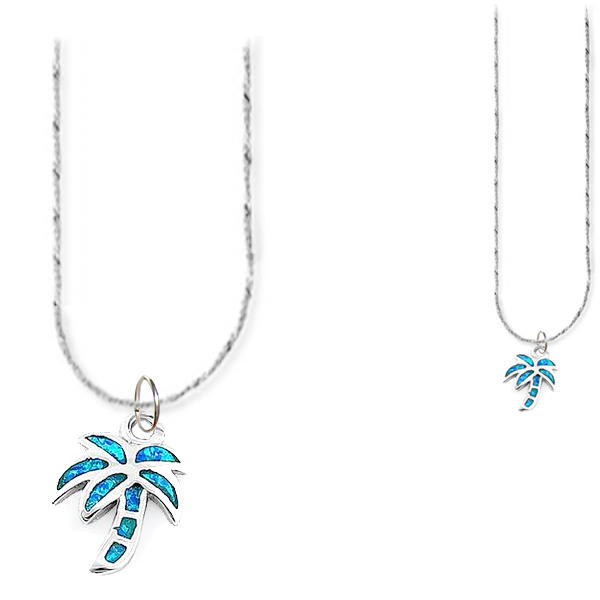Artisan silver necklace sterling lab Opal Blue Palm Tree pendant on sp or ss chain