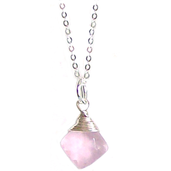 Artisan sterling silver necklace wire-wrapped Pink Chalcedony Briolette pendant ~18