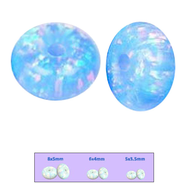 Rare Lab created Opal 8x5mm rondelle fully drilled large ~1.3mm hole bead - Blue