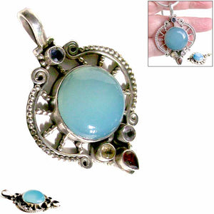 Sterling silver Chalcedony Iolite mixed pendant antiqued freeform handmade ~52x37x8mm cab