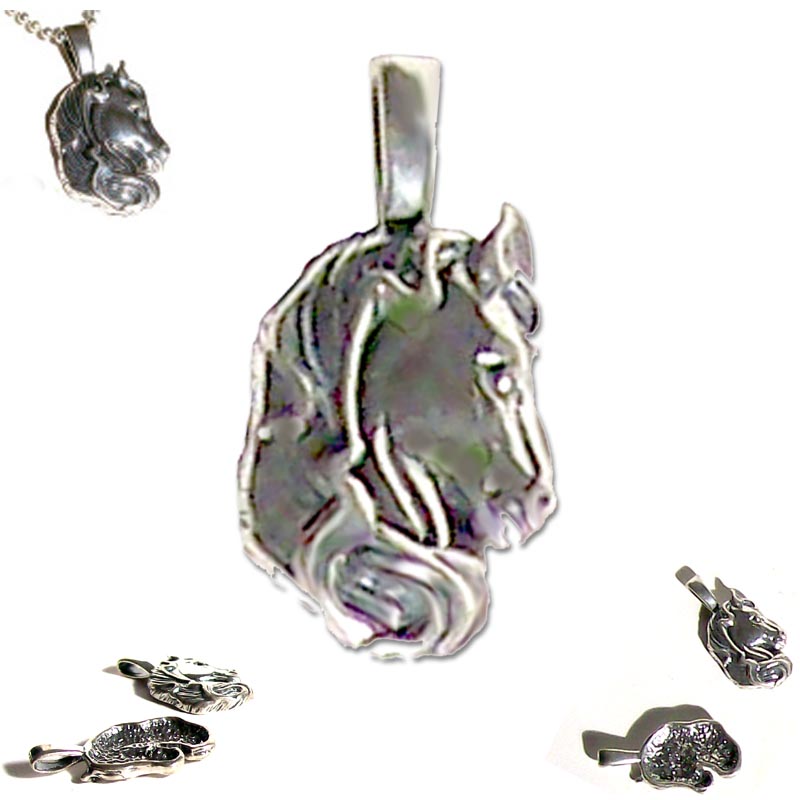 Sterling silver Horse Head pendant animal equine ~38mm shiny - 4.1 grams