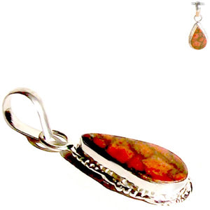Silver-plated Orange Copper Turquoise pendant teardrop hand hammered ~1-3.4