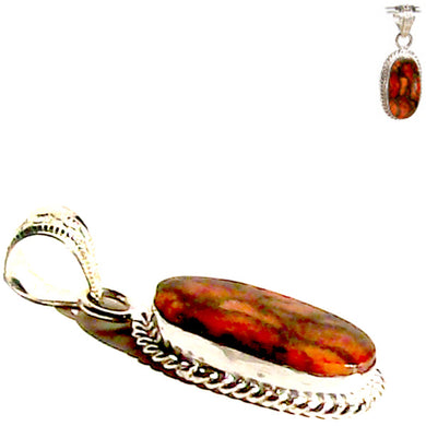 Silver-plated Orange Copper Turquoise pendant oval hand hammered ~1-3.4