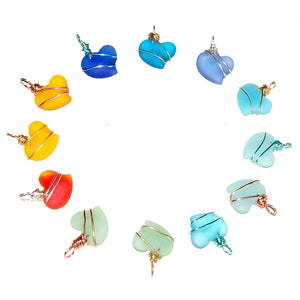 Artisan art cultured SEA GLASS HEART necklace silver non-tarnish 18mm wire-wrapped pendant & silver-plated chain | U PICK
