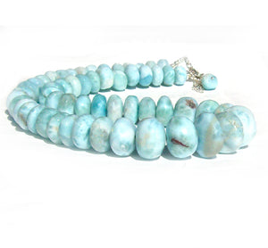 Rare Larimar Dominican sterling silver 18-7/8"  9-16mm rondelle AA+ stone bead necklace