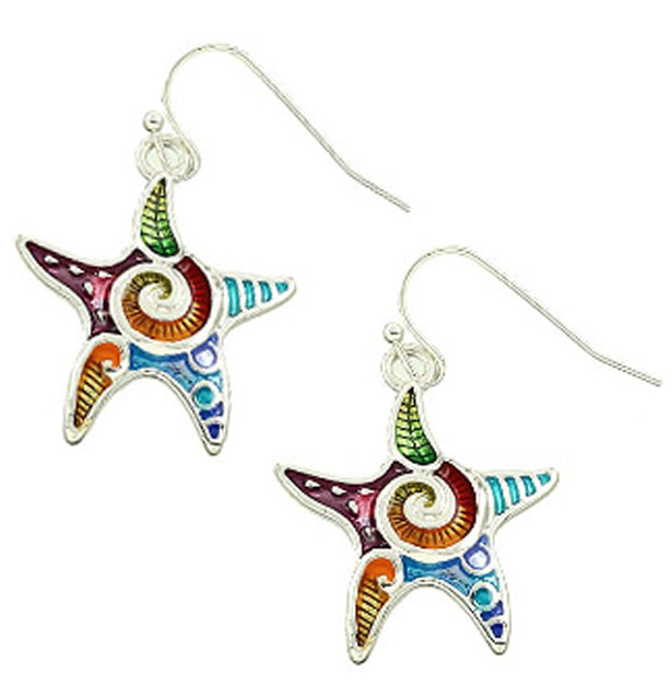 Silver-plated earrings Starfish epoxy multi-colors sea beach ocean 42x21mm dangles - 1 pair