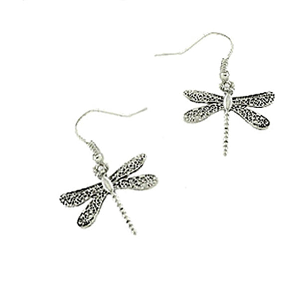 Silver-plated antiqued earrings Dragonfly flat metal 30mm dangles - 1 pair